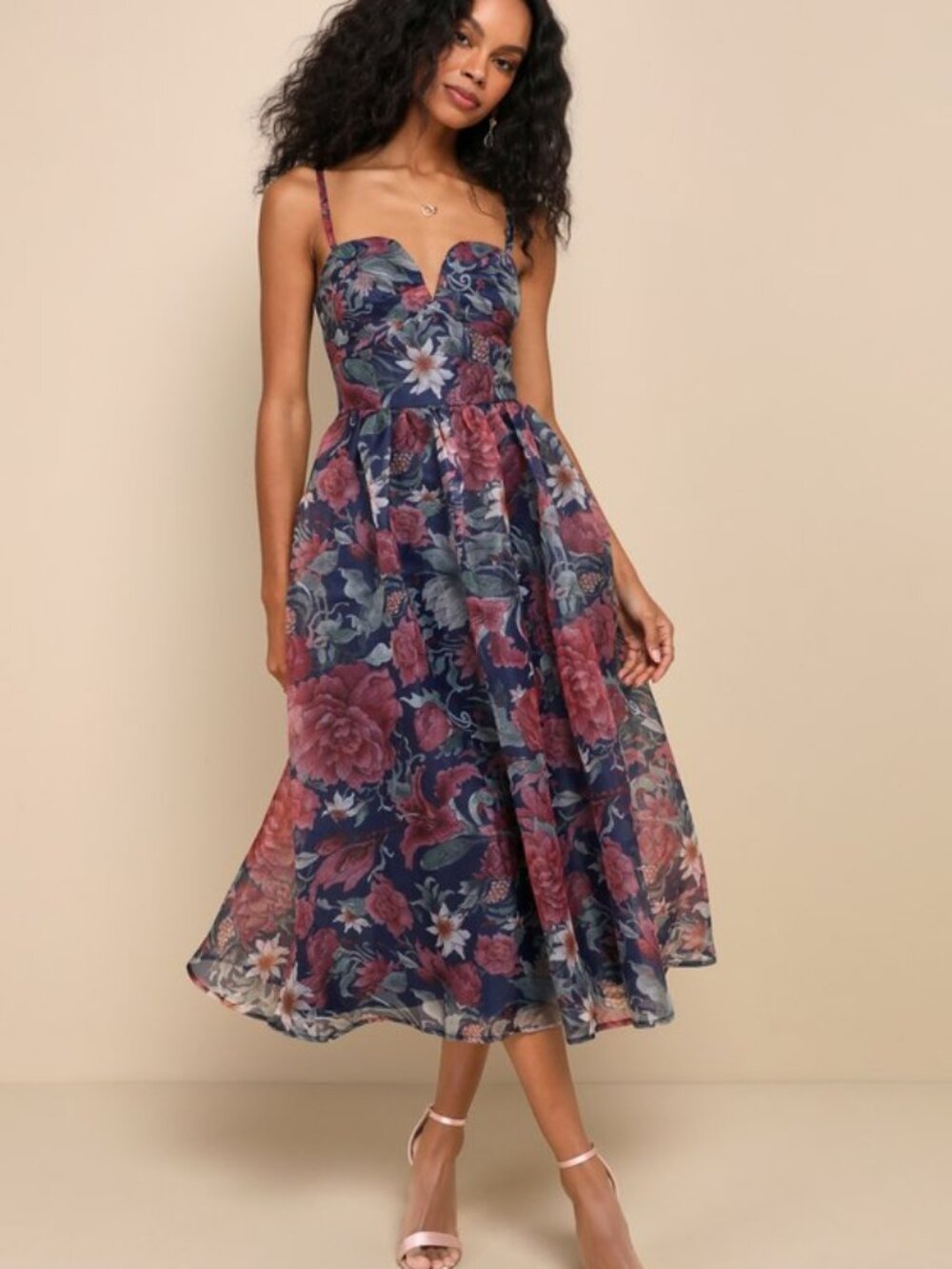 Lulus Cherished Aura Navy Blue Floral Organza Bustier Midi Dress - Size S